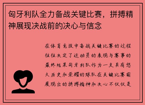 匈牙利队全力备战关键比赛，拼搏精神展现决战前的决心与信念