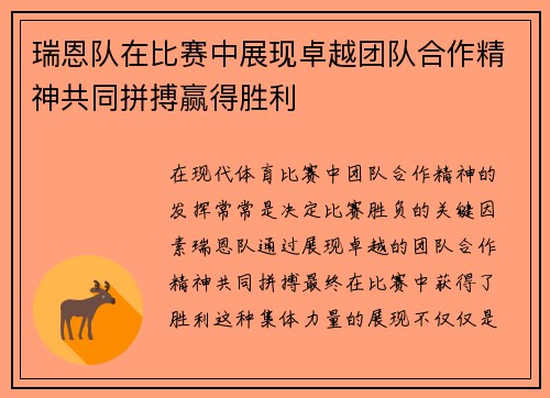 瑞恩队在比赛中展现卓越团队合作精神共同拼搏赢得胜利