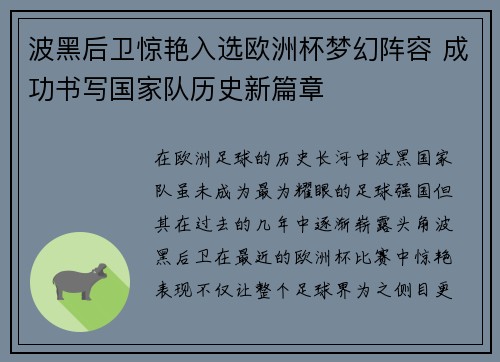 波黑后卫惊艳入选欧洲杯梦幻阵容 成功书写国家队历史新篇章