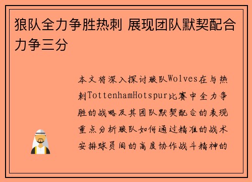 狼队全力争胜热刺 展现团队默契配合力争三分