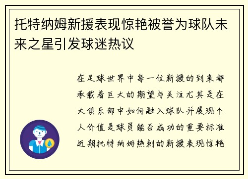 托特纳姆新援表现惊艳被誉为球队未来之星引发球迷热议
