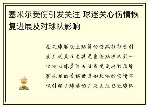 塞米尔受伤引发关注 球迷关心伤情恢复进展及对球队影响