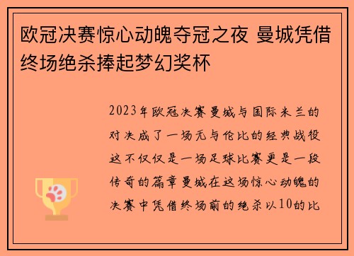 欧冠决赛惊心动魄夺冠之夜 曼城凭借终场绝杀捧起梦幻奖杯