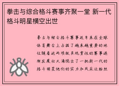 拳击与综合格斗赛事齐聚一堂 新一代格斗明星横空出世