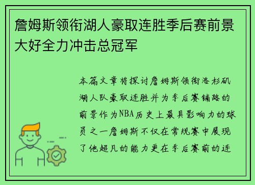 詹姆斯领衔湖人豪取连胜季后赛前景大好全力冲击总冠军