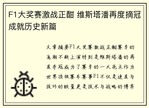F1大奖赛激战正酣 维斯塔潘再度摘冠成就历史新篇